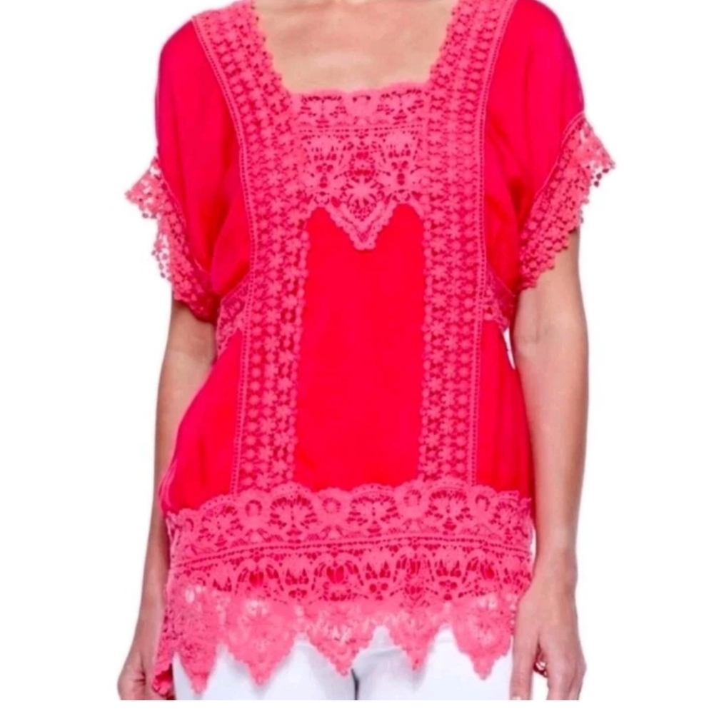 Johnny Was Boho Crochet Lace Georgette Top Woman XXL Crinkle Barbie Pink Coastal - Picture 15 of 15